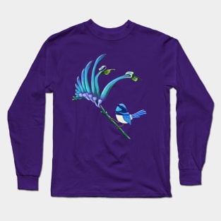 Blue Kangaroo Paw with Splendid Blue Wren Long Sleeve T-Shirt